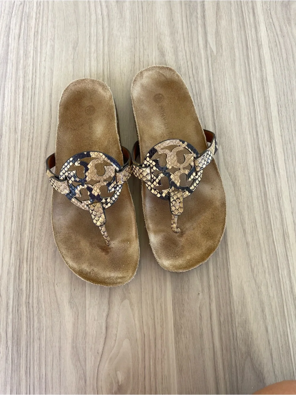 Tory Burch Brown and Black Snakeskin Logo Thong Sandals